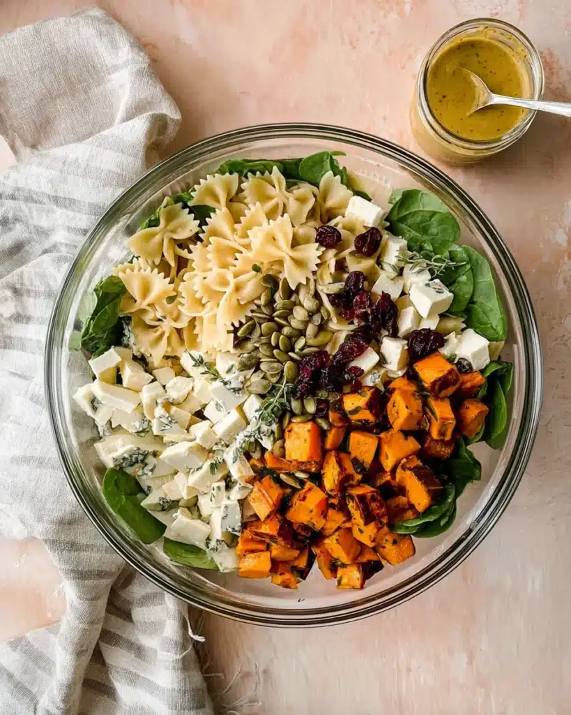 Fall harvest pasta salad ingredients layered in a mixing bowl with dressing on the side