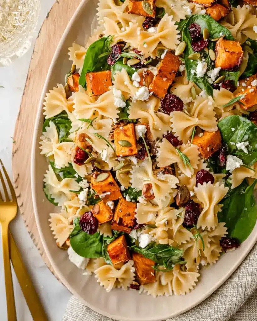 Fall harvest pasta salad with roasted sweet potatoes, spinach, cranberries, and feta on a white plate
