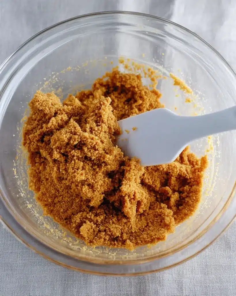 Gingerbread cheesecake graham cookie crust mixture in glass bowl