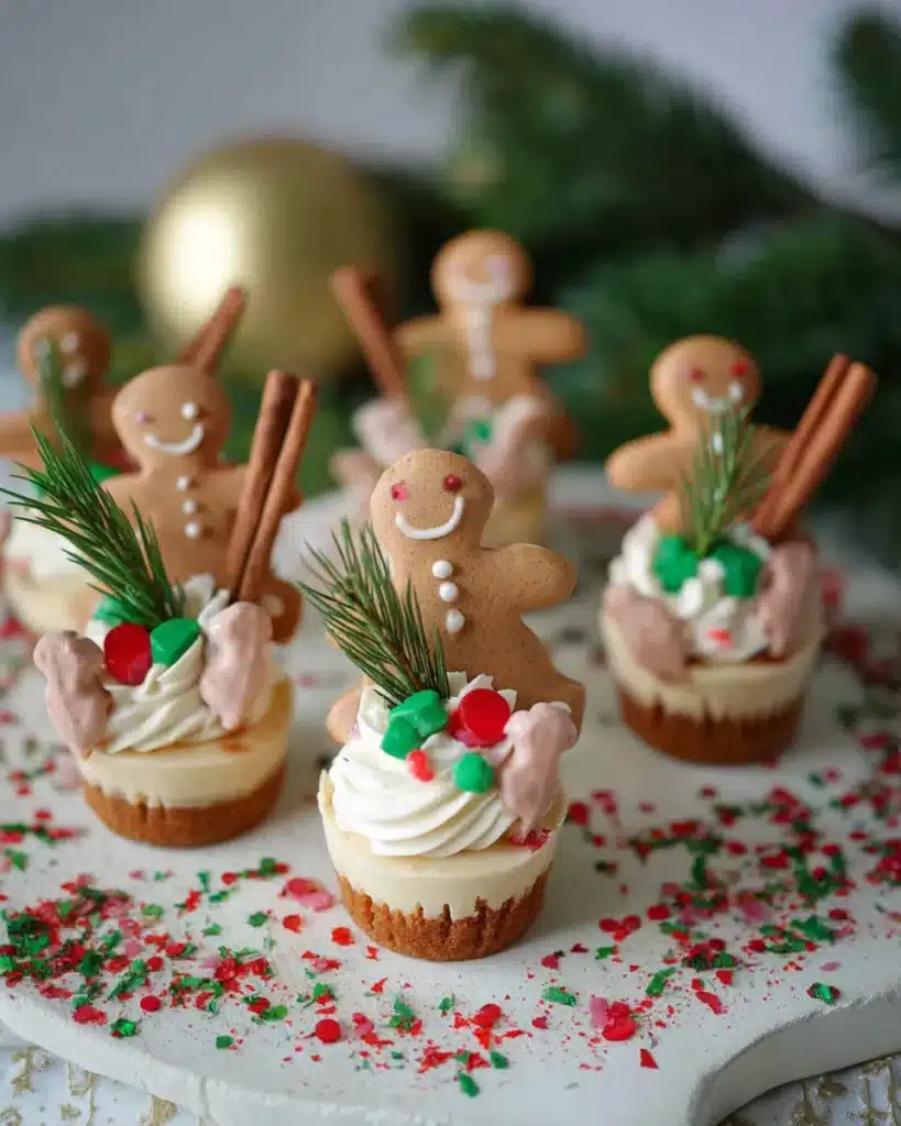 Festive gingerbread cheesecake cups topped with whipped cream and gingerbread cookies