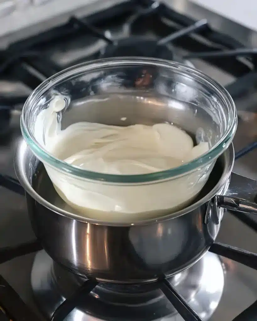 White chocolate melting in glass bowl over pot for cheesecake filling