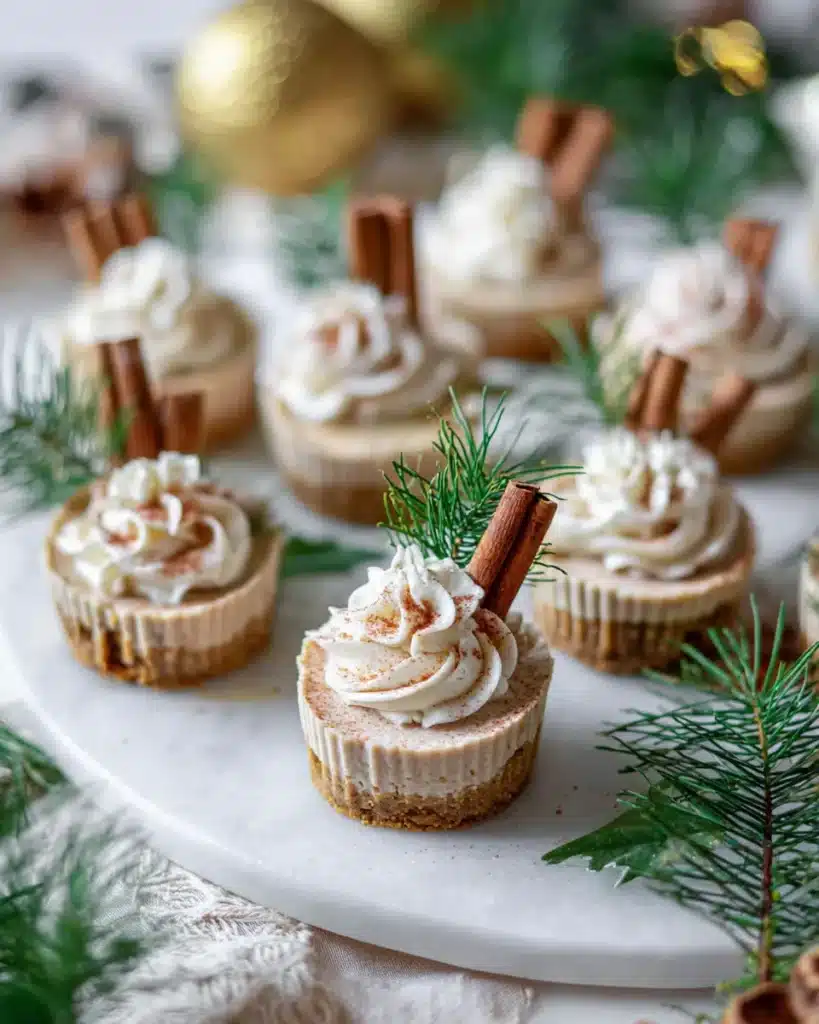 Mini gingerbread cheesecake cups with whipped cream and cinnamon sticks on white board