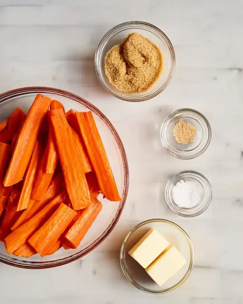 Glazed carrot ingredients with butter, brown sugar, and sliced carrots