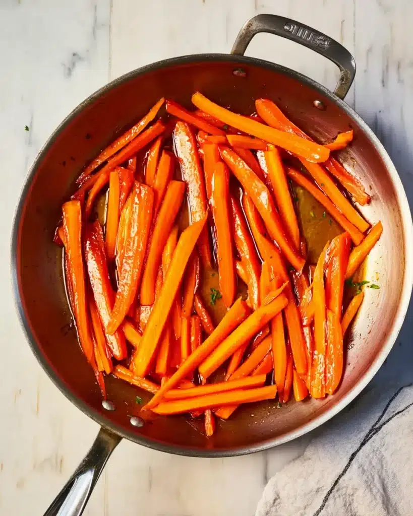 Glazed carrots coated in brown sugar butter sauce in a pan