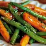 Honey glazed carrots and green beans on a plate with glossy honey balsamic glaze