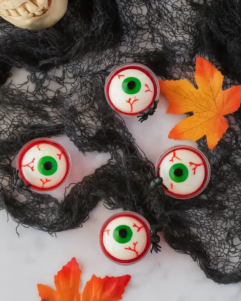 Overhead shot of Jello Shot Eyeballs with red gelatin and green pupils for Halloween parties
