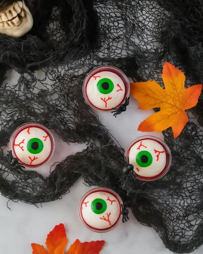 Top view of Jello Shot Eyeballs with red gelatin and lychees for Halloween