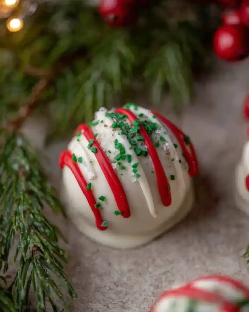 Single Little Debbie Christmas Tree Cake Truffle with red stripes and green sprinkles surrounded by pine needles and berries.