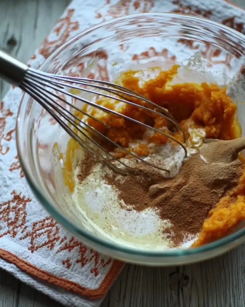 Mixing pumpkin puree, cream, and spices for low carb pumpkin crisp