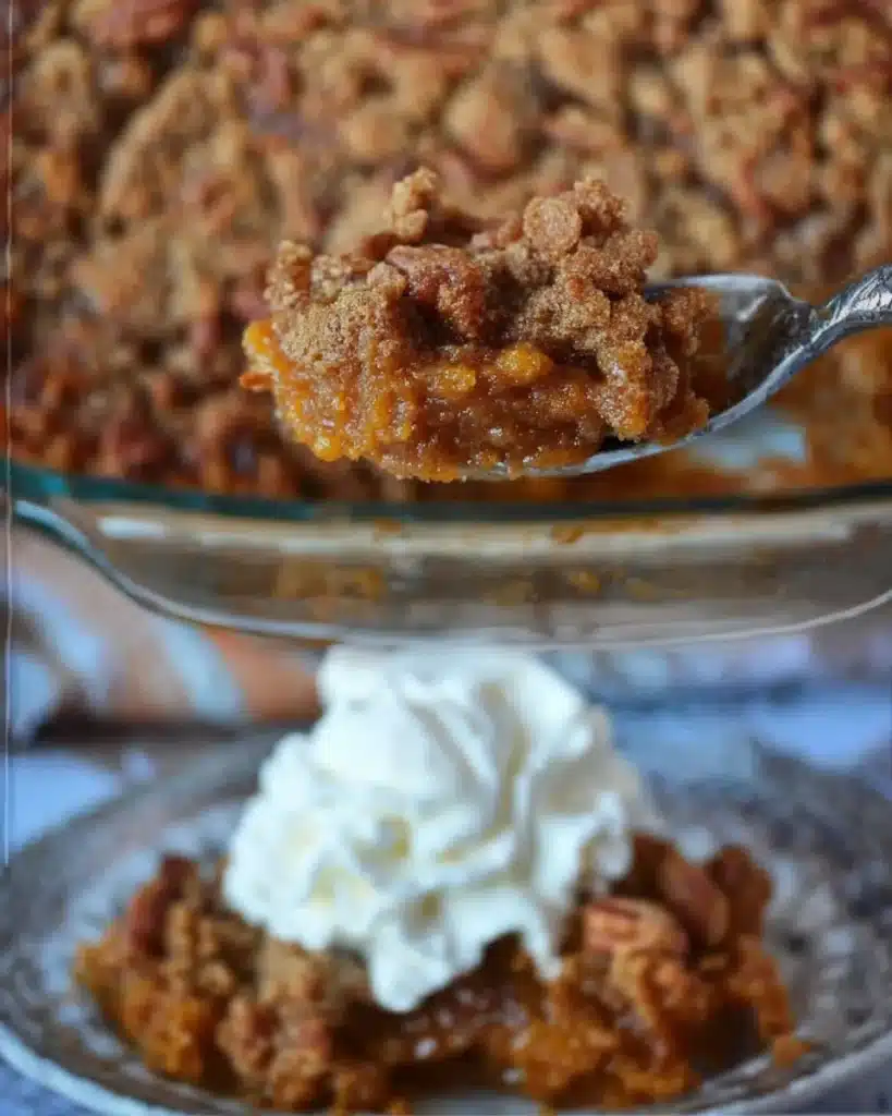 Serving low carb pumpkin crisp with whipped cream topping