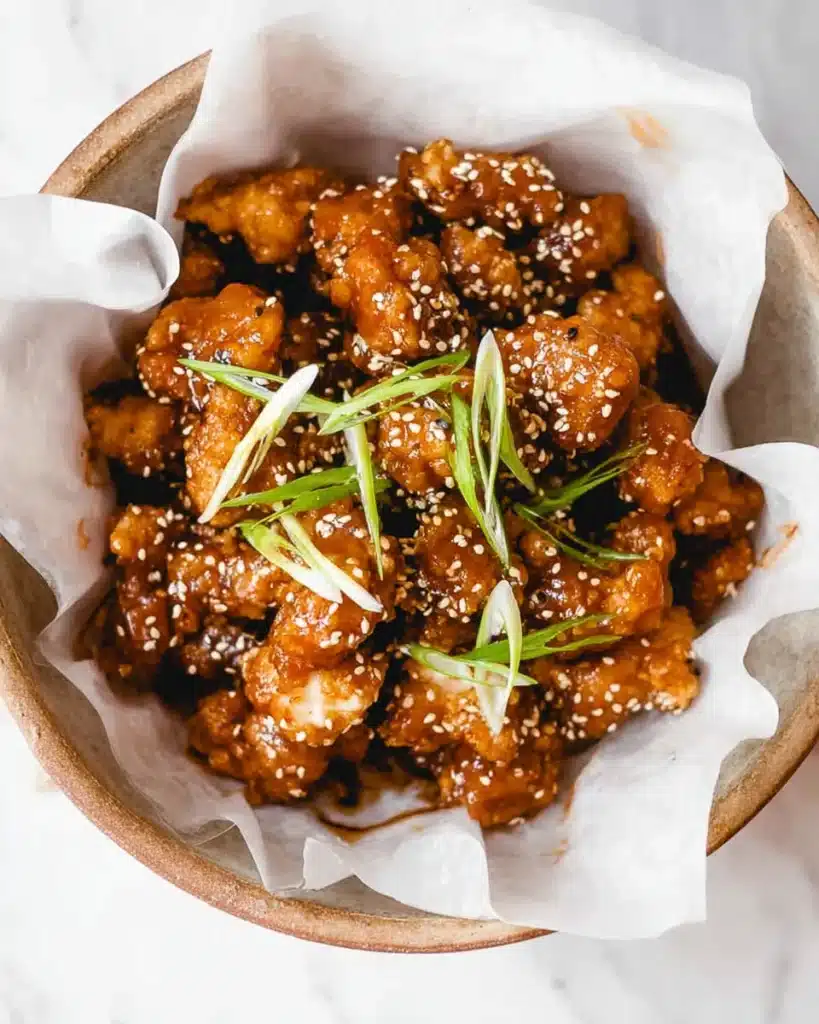 Crispy orange chicken in a rustic bowl topped with sesame seeds and green onions