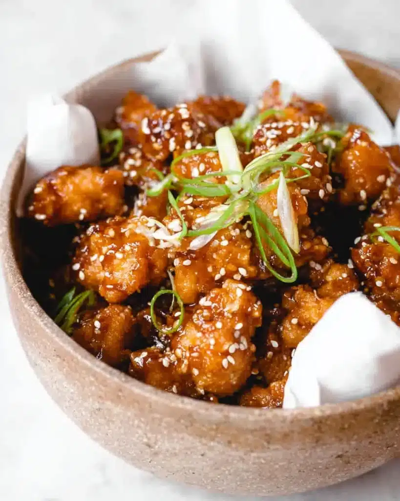 Crispy orange chicken with sesame seeds and green onions in a rustic bowl