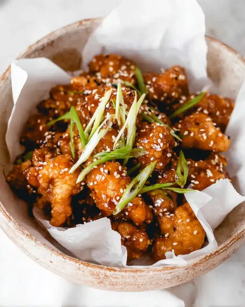 Crispy orange chicken topped with sesame seeds and green onions in a parchment-lined bowl