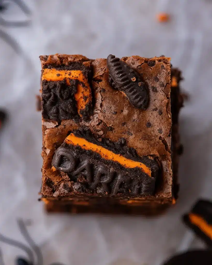 Single Halloween Oreo brownie with orange cream filling and cookie topping