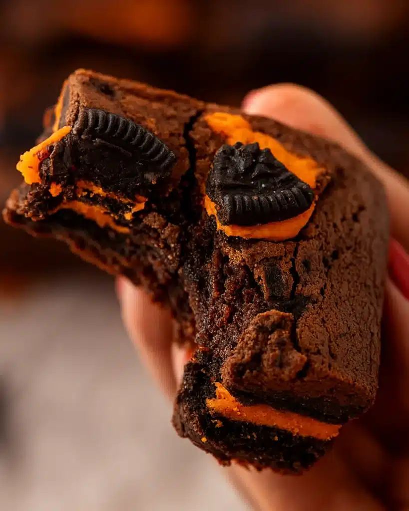 Hand holding a bitten Halloween Oreo brownie with orange cream filling