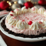 Peppermint pie with chocolate crust and whipped cream topping for Christmas