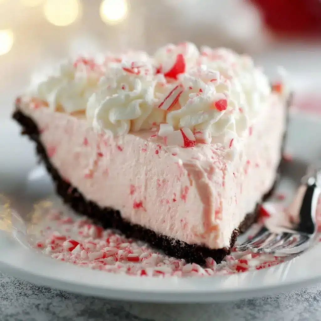 Slice of peppermint pie with chocolate crust and whipped cream topping
