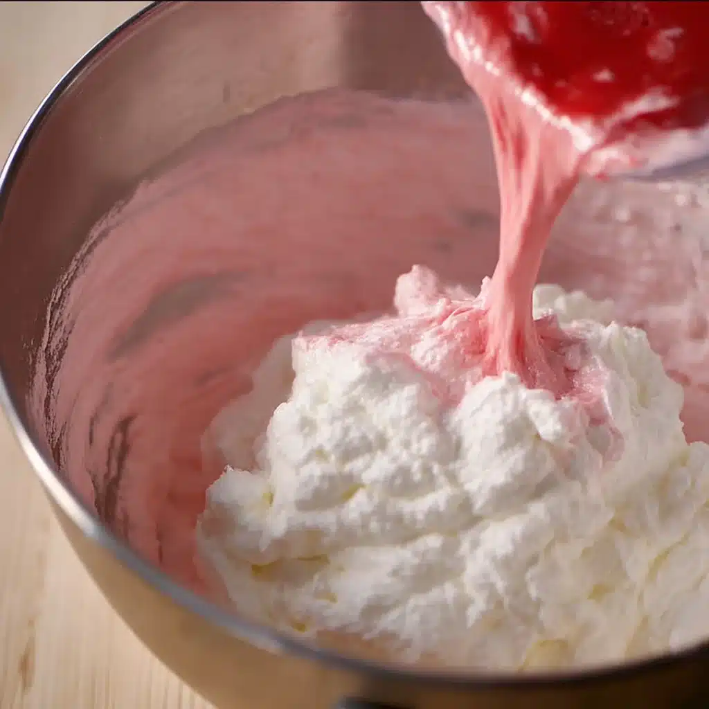 Pouring peppermint mixture into whipped cream for peppermint pie