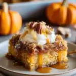 Pumpkin dump cake slice with whipped cream, pecans, and caramel drizzle
