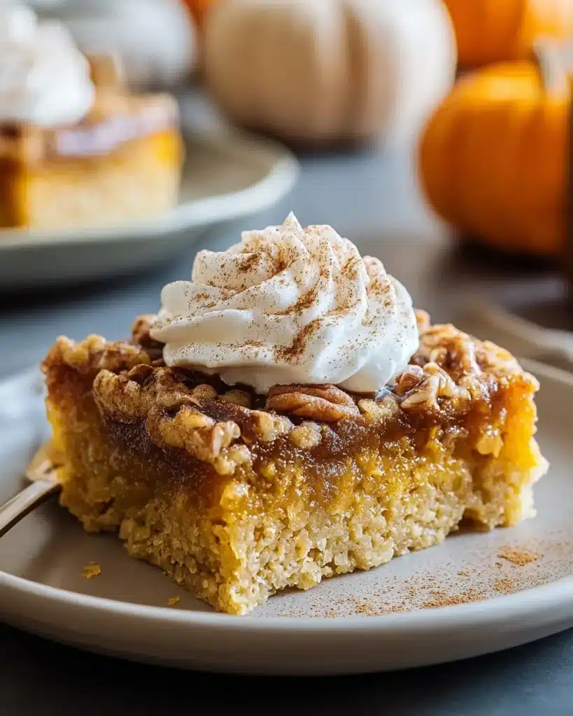 Pumpkin dump cake slice with whipped cream and cinnamon on a plate