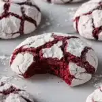 Bite of red velvet crinkle cookie dusted with powdered sugar