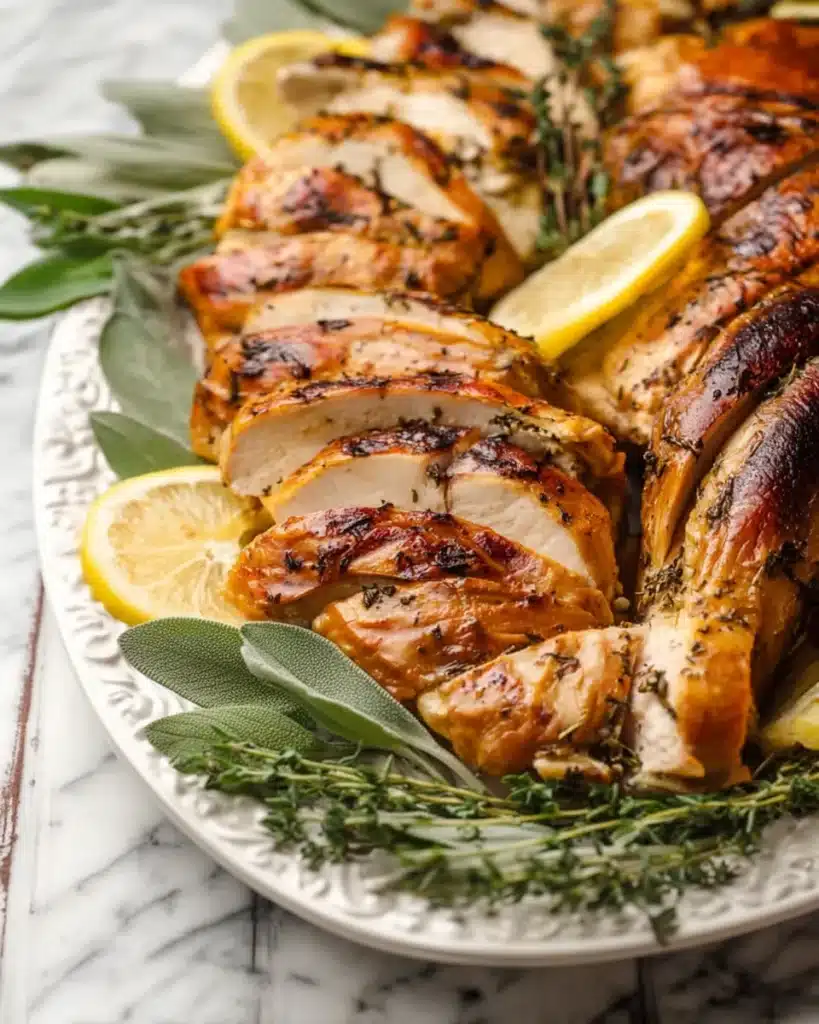 Sliced roast turkey with herbs and lemon wedges on a platter