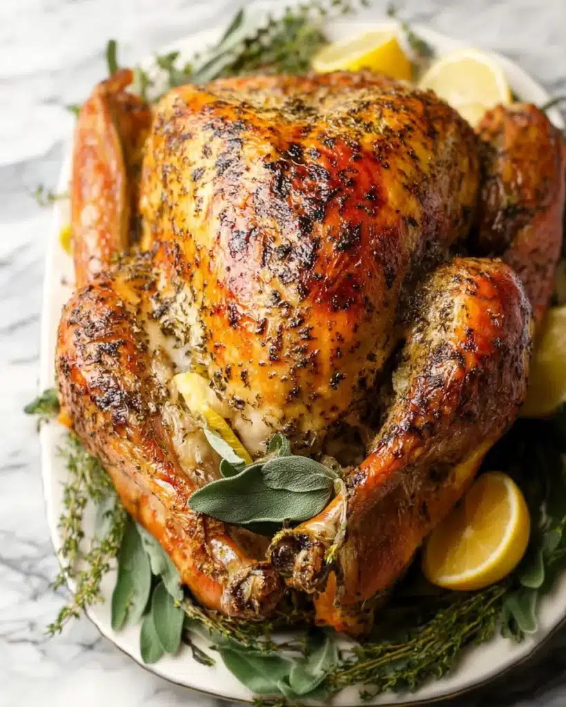 Whole golden roast turkey with herbs and lemon wedges on a platter