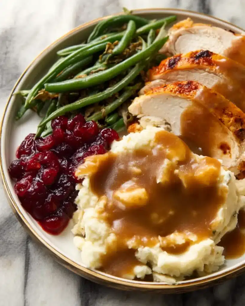 Thanksgiving roast turkey dinner plate with mashed potatoes and gravy