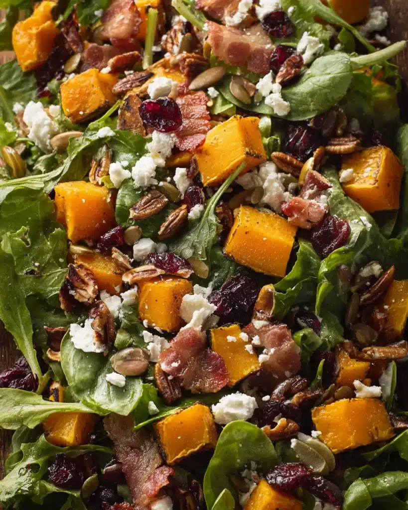 Close-up of roasted butternut squash salad with bacon, cranberries, and goat cheese