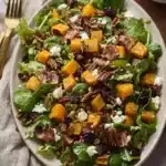 Roasted butternut squash salad with goat cheese, pecans, bacon, and greens on a ceramic plate