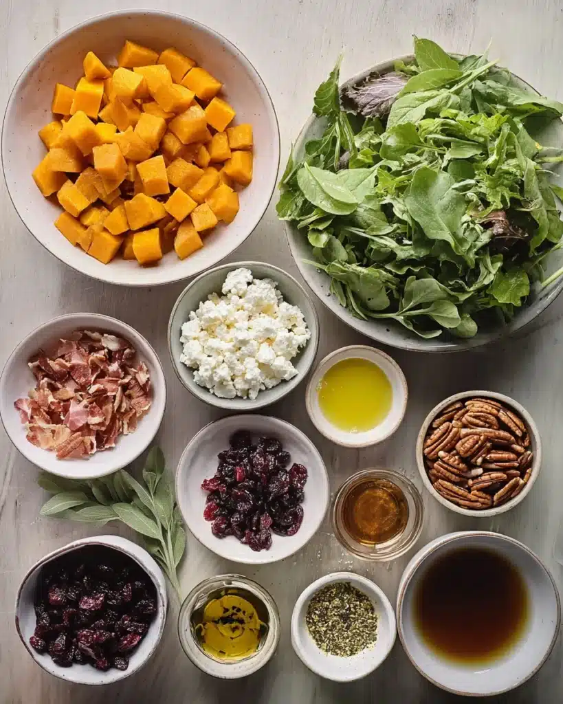 Roasted butternut squash salad ingredients in bowls on light surface