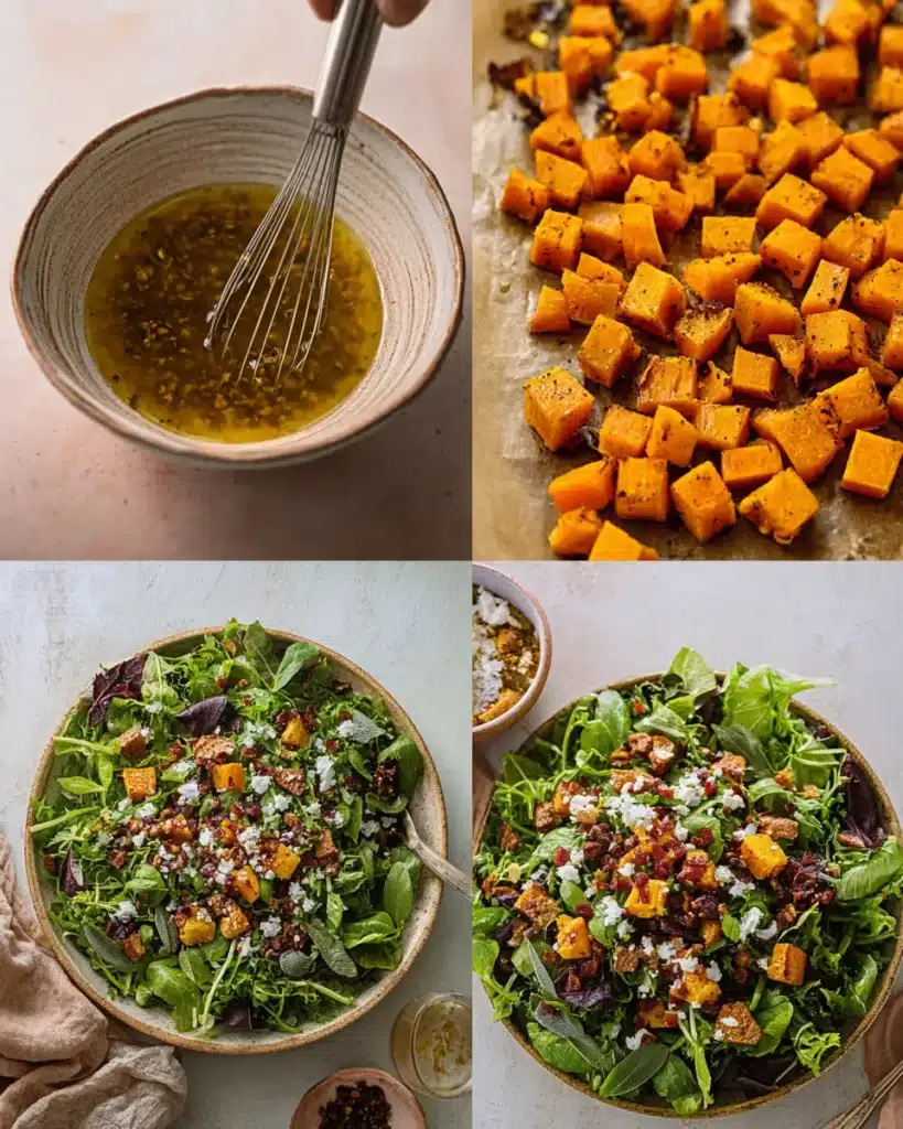 Step-by-step roasted butternut squash salad preparation collage