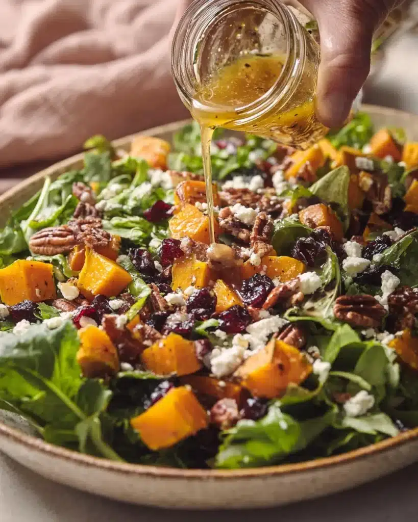 Pouring maple vinaigrette over roasted butternut squash salad with greens and cheese