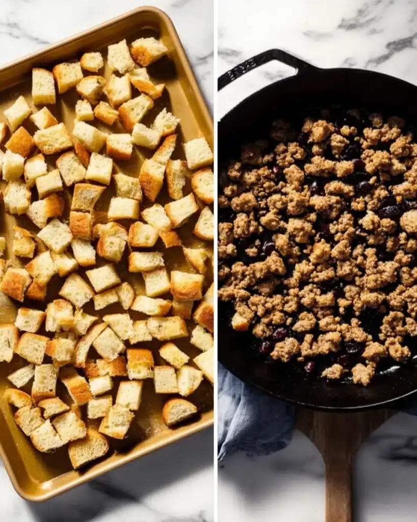Toasted bread cubes and browned sausage in skillet for stuffing recipe