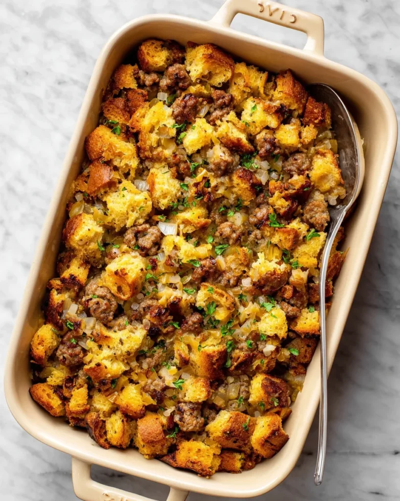 Golden baked sausage stuffing in a dish with herbs and crispy bread cubes