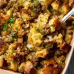 Golden-brown sausage stuffing in a baking dish with crispy bread cubes and herbs
