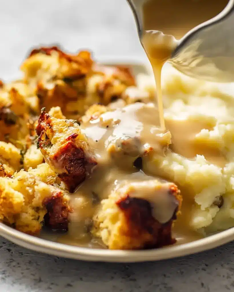 Gravy poured over sausage stuffing with mashed potatoes on a plate