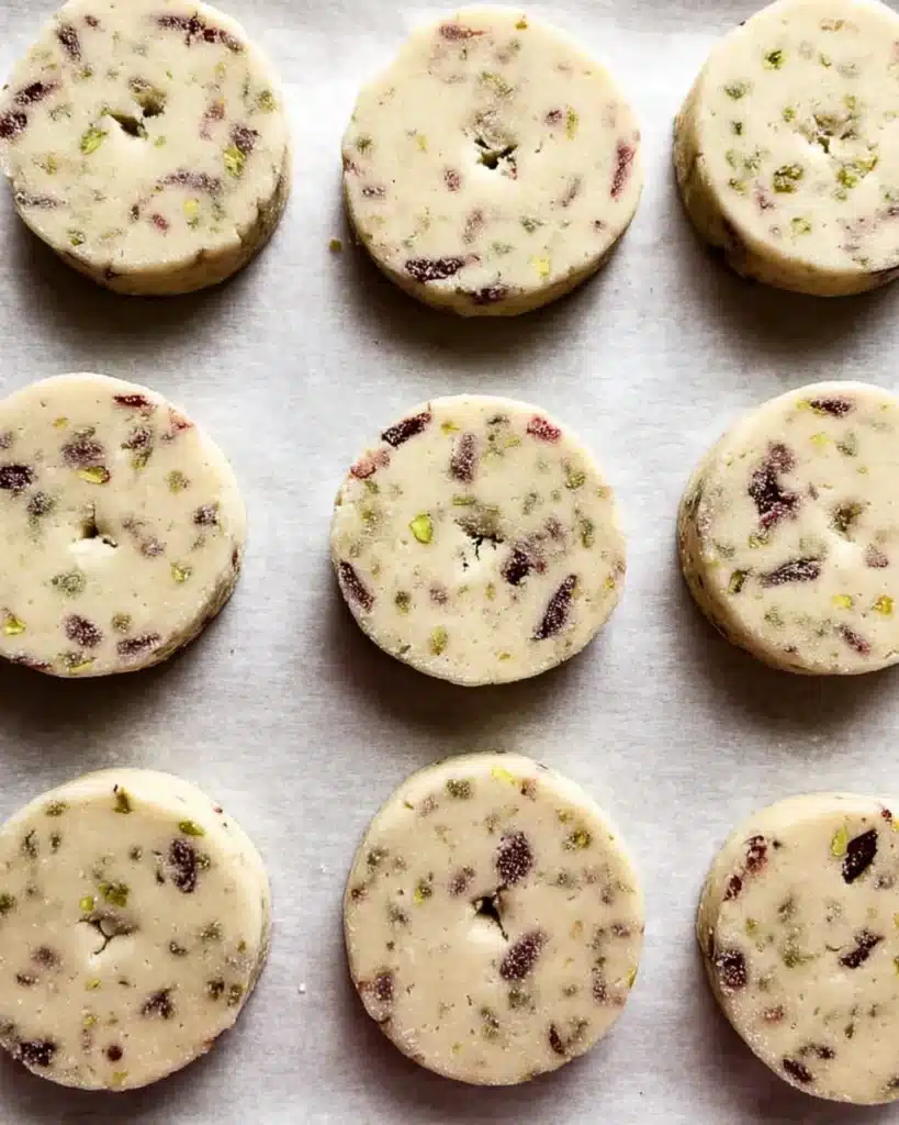 Unbaked shortbread cookies with cranberries and pistachios on parchment paper