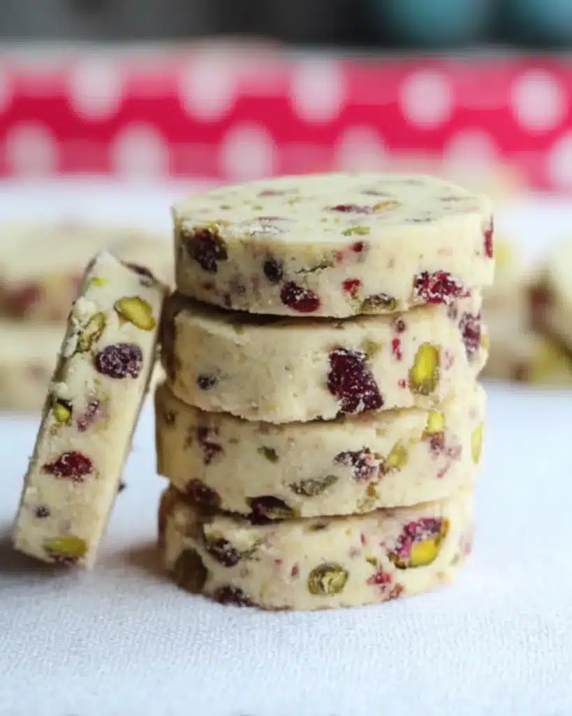 Stack of cranberry pistachio shortbread cookies on a festive white cloth – Shortbread Cookies Recipe" 