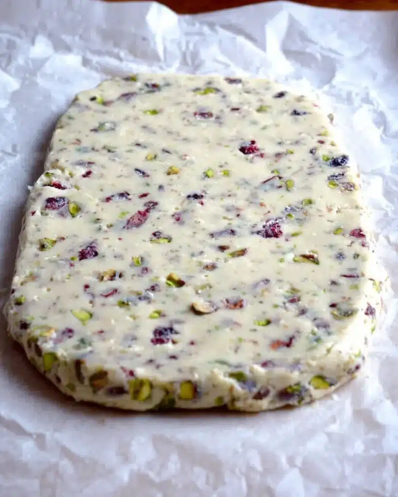Cranberry pistachio shortbread cookie dough on parchment paper