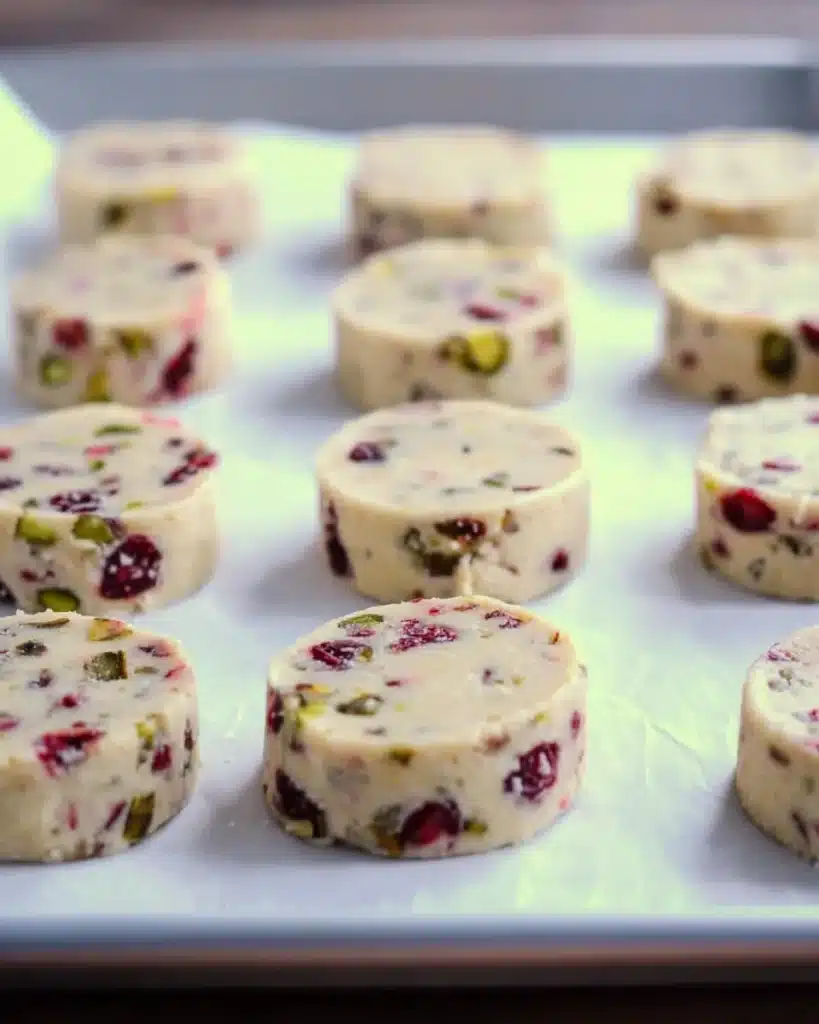 Unbaked cranberry pistachio shortbread cookies on parchment-lined tray