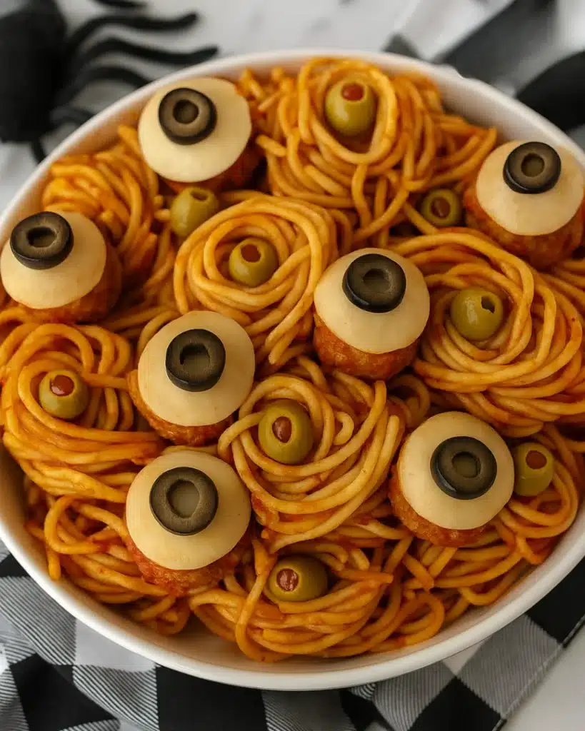 Spaghetti and eyeballs Halloween dinner with meatball eyeballs and olives