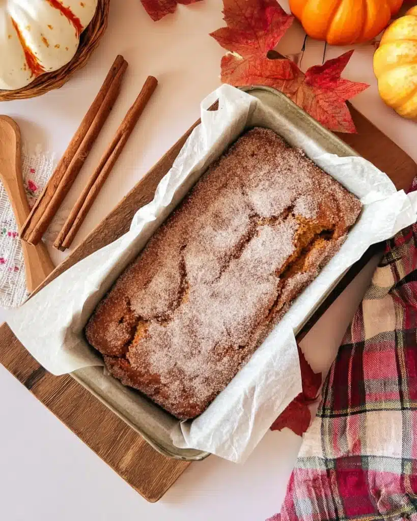 Freshly baked sweet potato bread loaf with cinnamon sugar topping in pan