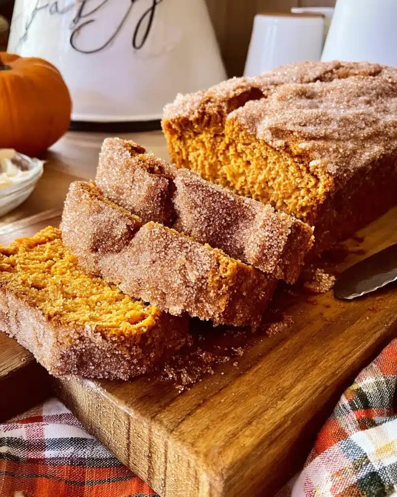 Moist sweet potato bread loaf with cinnamon sugar topping on wooden board