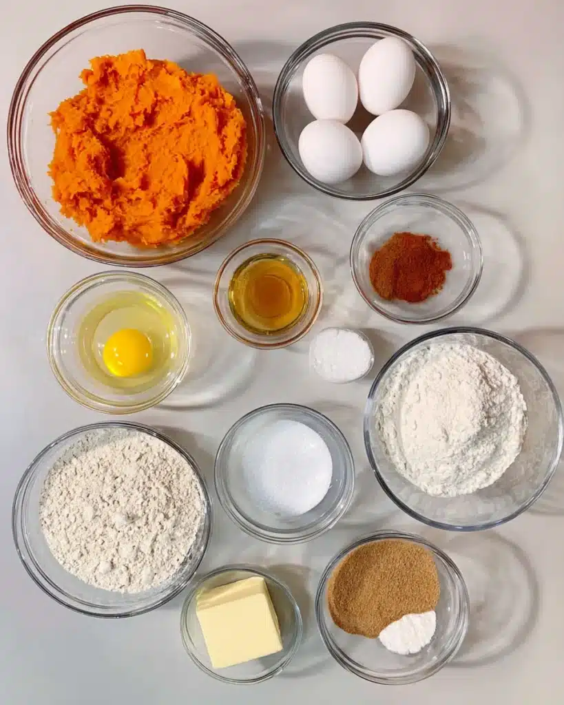 Sweet potato bread ingredients arranged in glass bowls on light surface