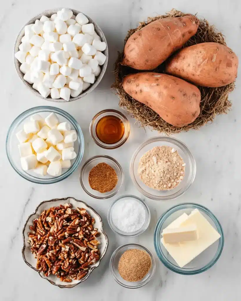 Sweet potato casserole ingredients laid out in bowls on white background