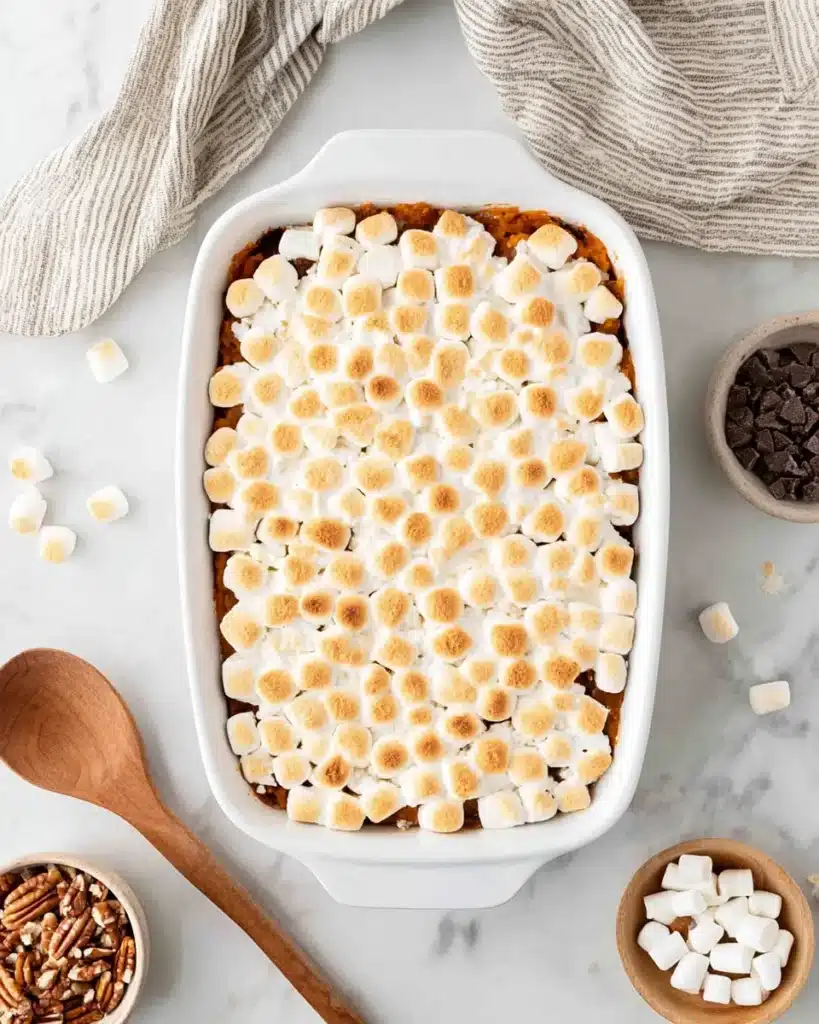 Baked sweet potato casserole with toasted marshmallow topping
