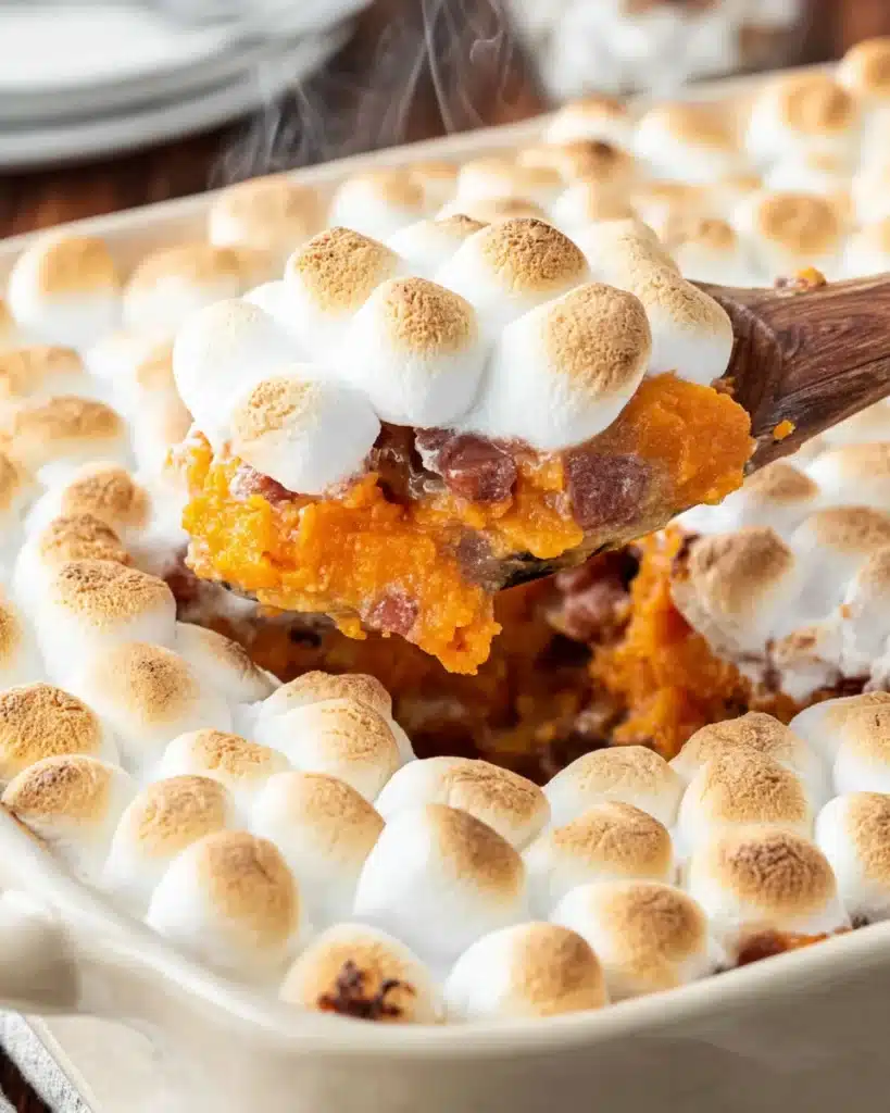 Sweet potato casserole with toasted marshmallows lifted from dish