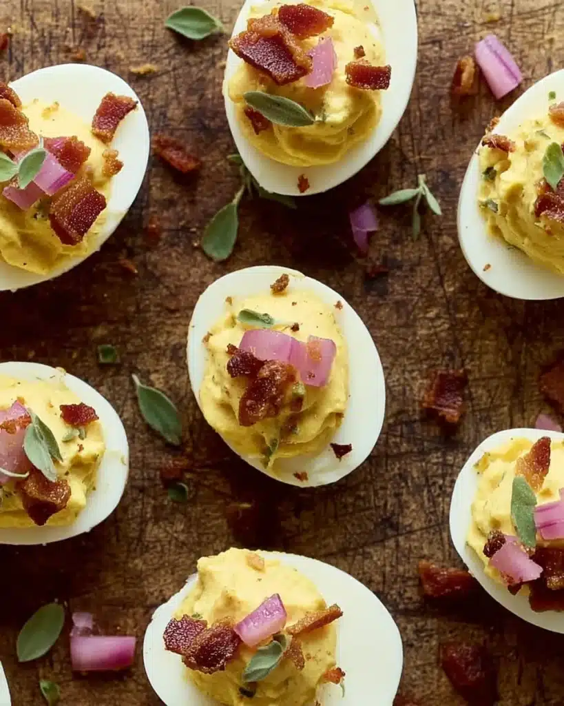 Deviled eggs topped with crispy bacon, herbs, and pickled onions on a rustic surface