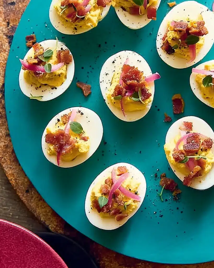 Thanksgiving deviled eggs with bacon, herbs, and onions on a teal plate